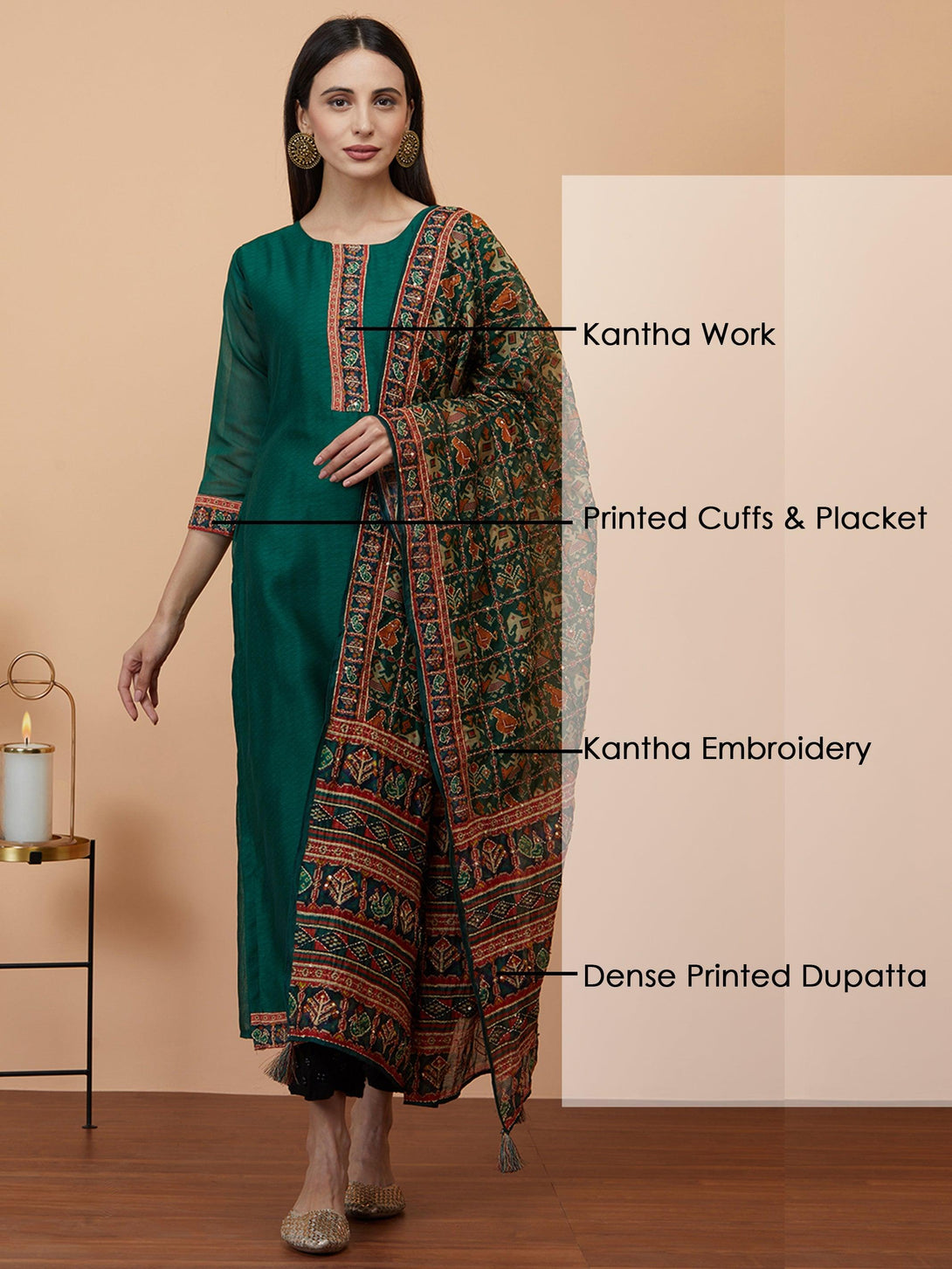 Kantha Embroidered Kurta with printed & Kantha embroidered dupatta - Green - Indiakreations