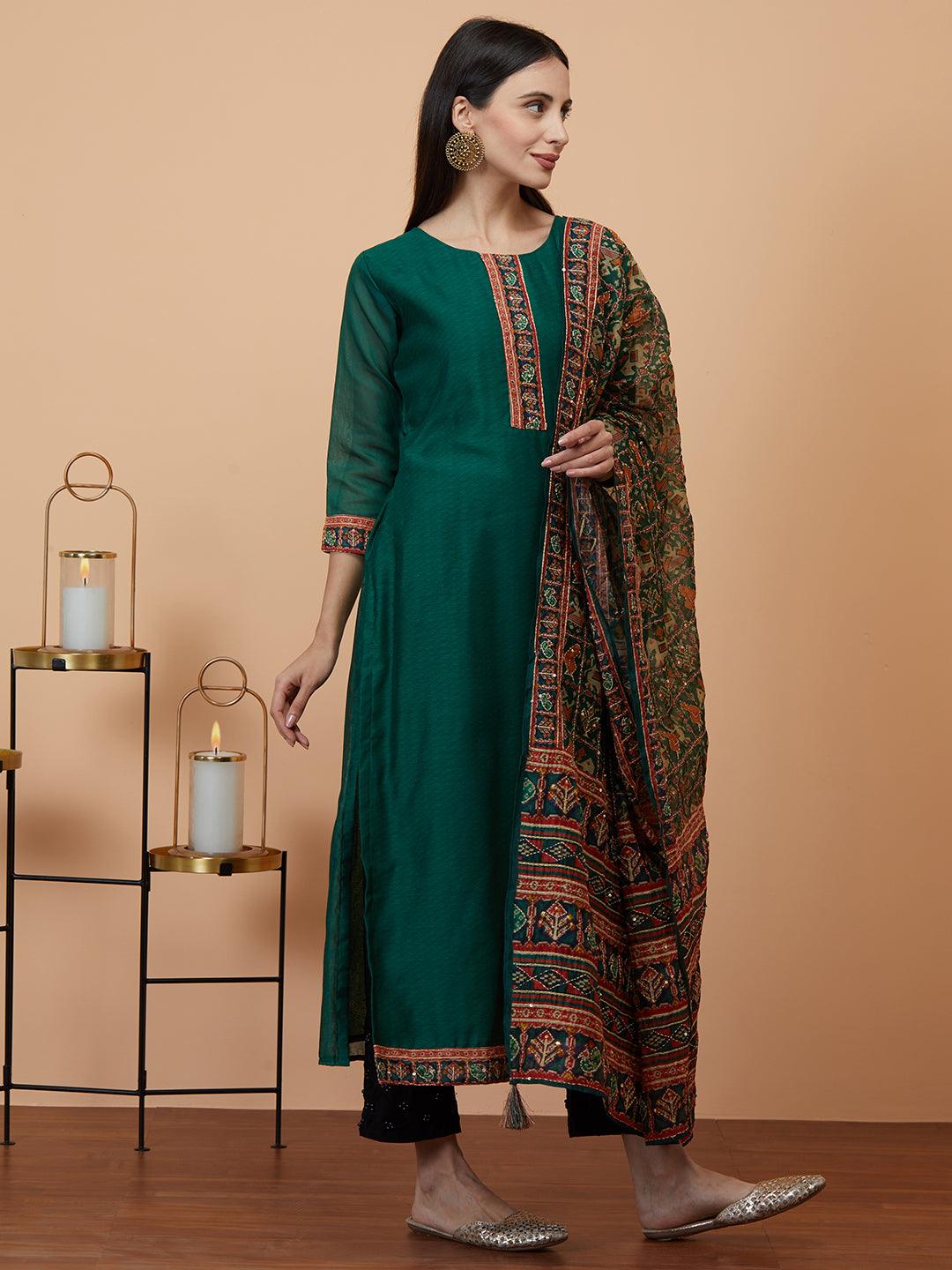 Kantha Embroidered Kurta with printed & Kantha embroidered dupatta - Green - Indiakreations