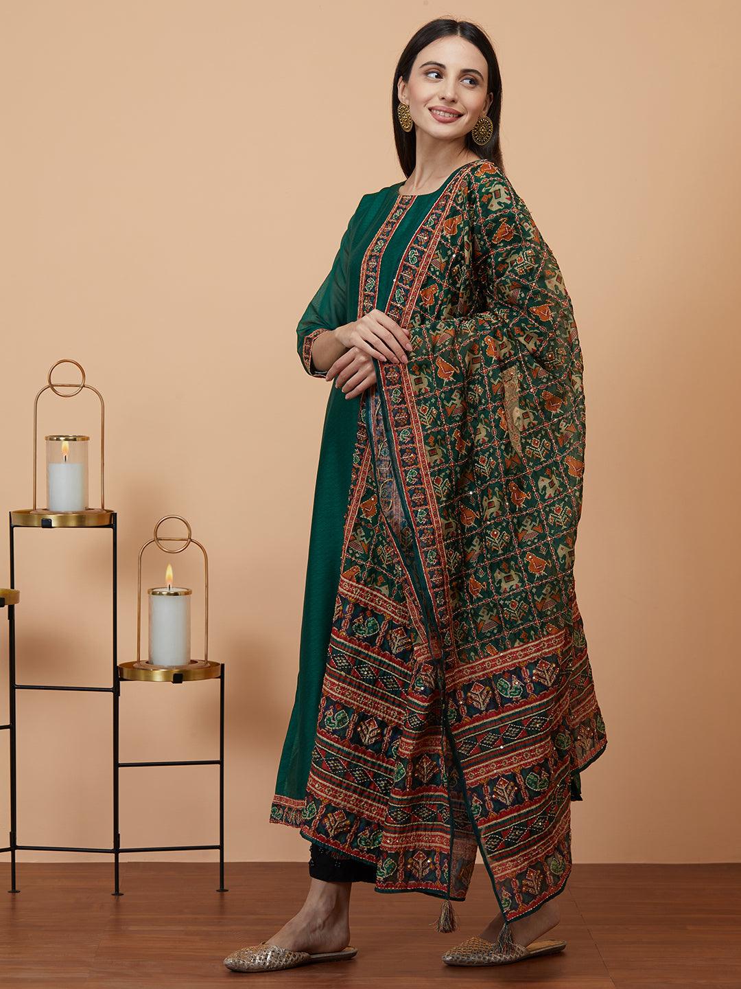 Kantha Embroidered Kurta with printed & Kantha embroidered dupatta - Green - Indiakreations