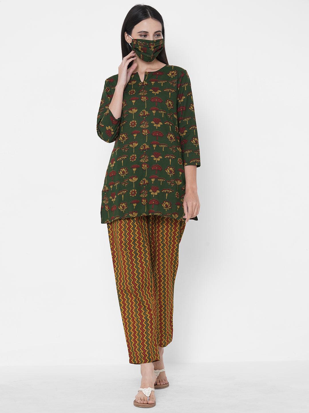 Ethnic Block Printed Soft Cotton Loungewear with Printed 2-Ply Mask - Moss Green - Indiakreations