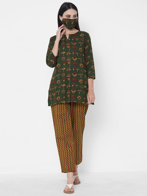 Ethnic Block Printed Soft Cotton Loungewear with Printed 2-Ply Mask - Moss Green - Indiakreations