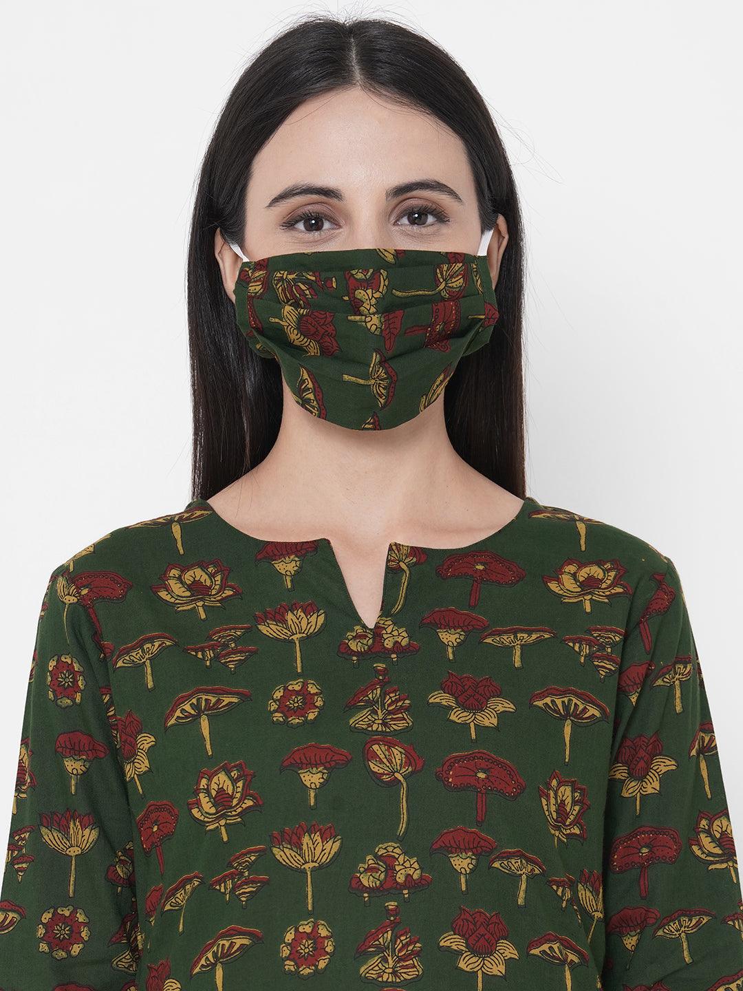 Ethnic Block Printed Soft Cotton Loungewear with Printed 2-Ply Mask - Moss Green - Indiakreations