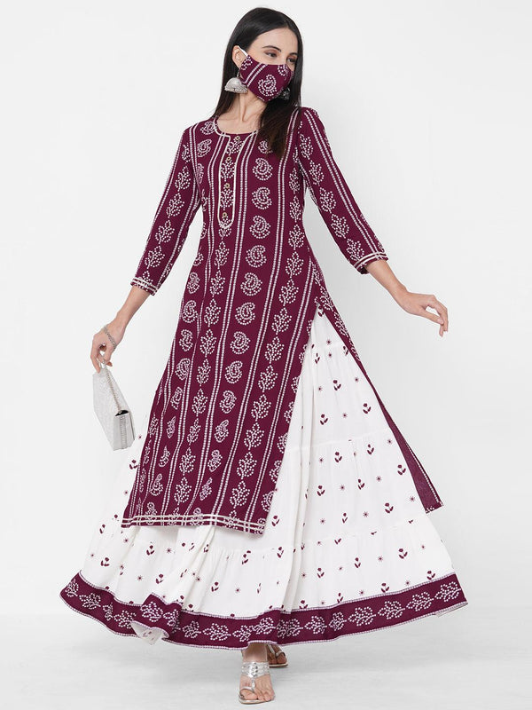 Bandhani Khari Printed Kurta with Ethnic Printed Tiered Skirt & 2-Ply Mask - Wine - Indiakreations