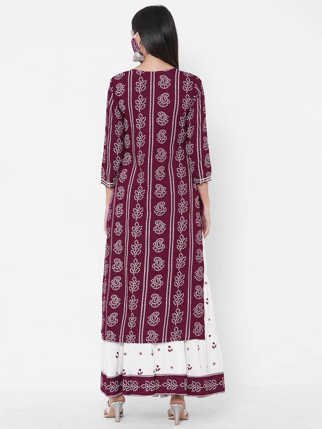 Bandhani Khari Printed Kurta with Ethnic Printed Tiered Skirt & 2-Ply Mask - Wine - Indiakreations