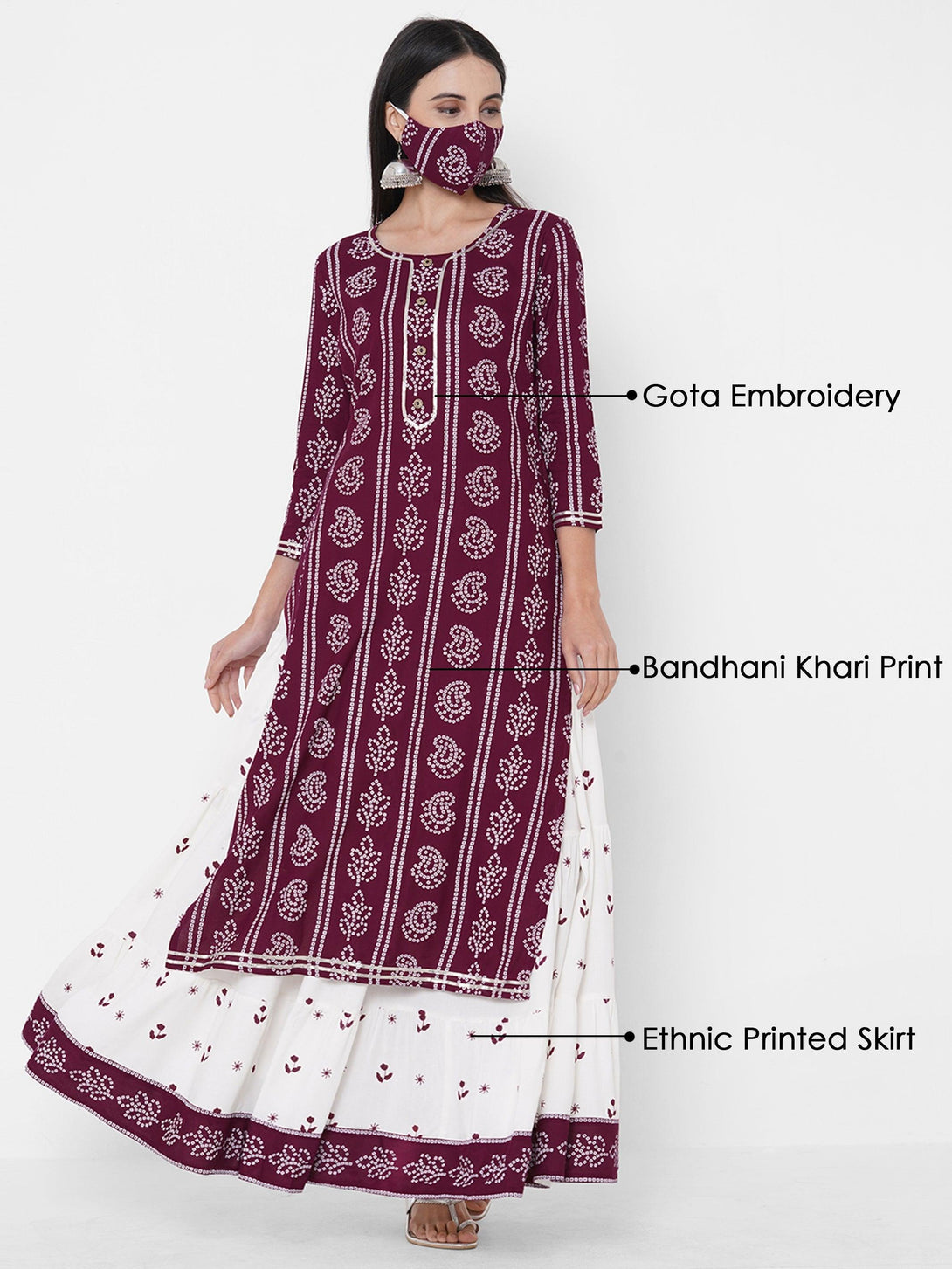 Bandhani Khari Printed Kurta with Ethnic Printed Tiered Skirt & 2-Ply Mask - Wine - Indiakreations