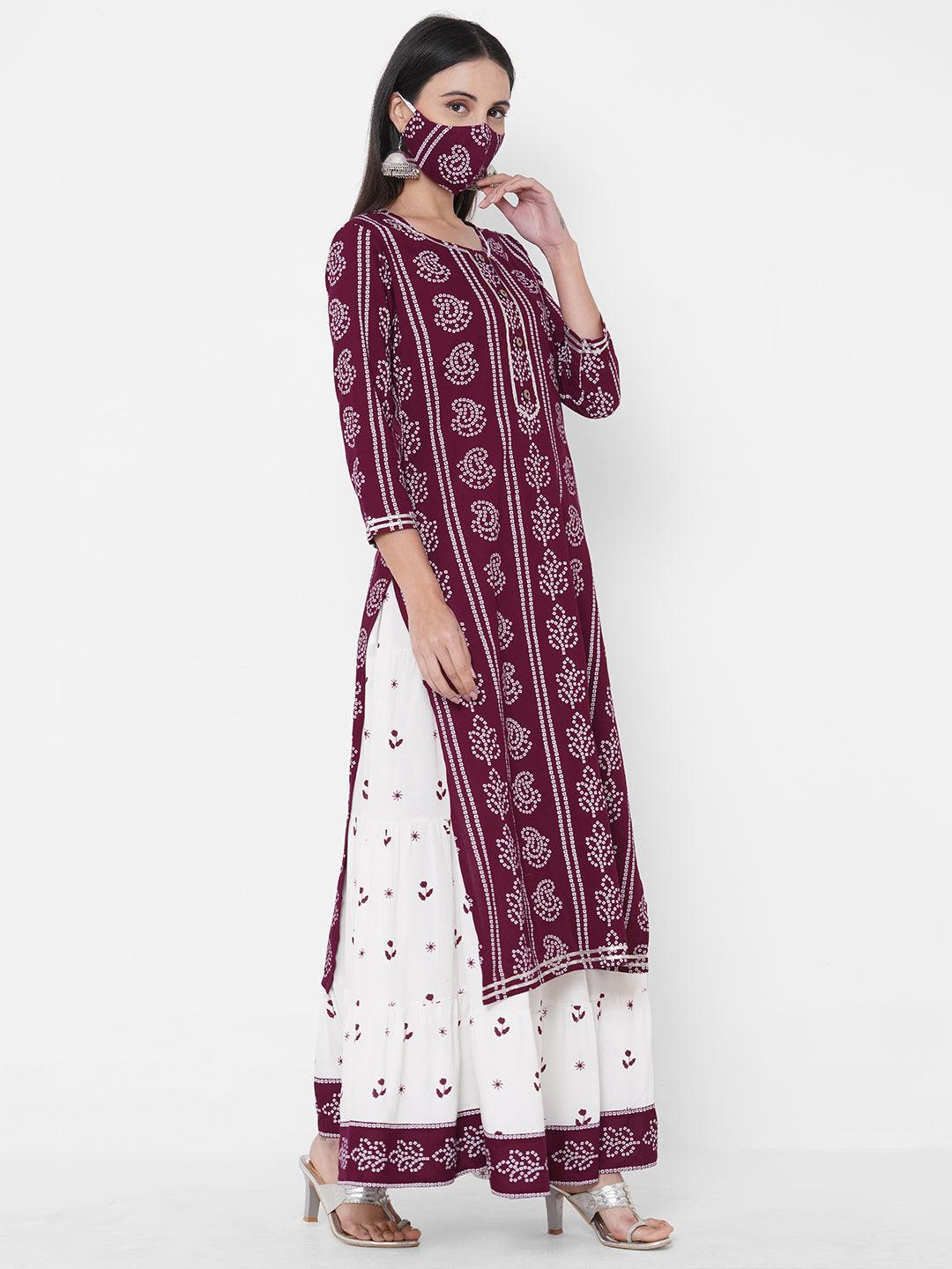 Bandhani Khari Printed Kurta with Ethnic Printed Tiered Skirt & 2-Ply Mask - Wine - Indiakreations