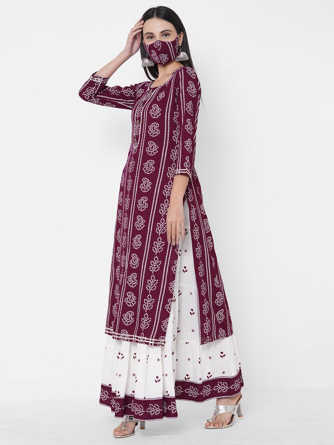 Bandhani Khari Printed Kurta with Ethnic Printed Tiered Skirt & 2-Ply Mask - Wine - Indiakreations