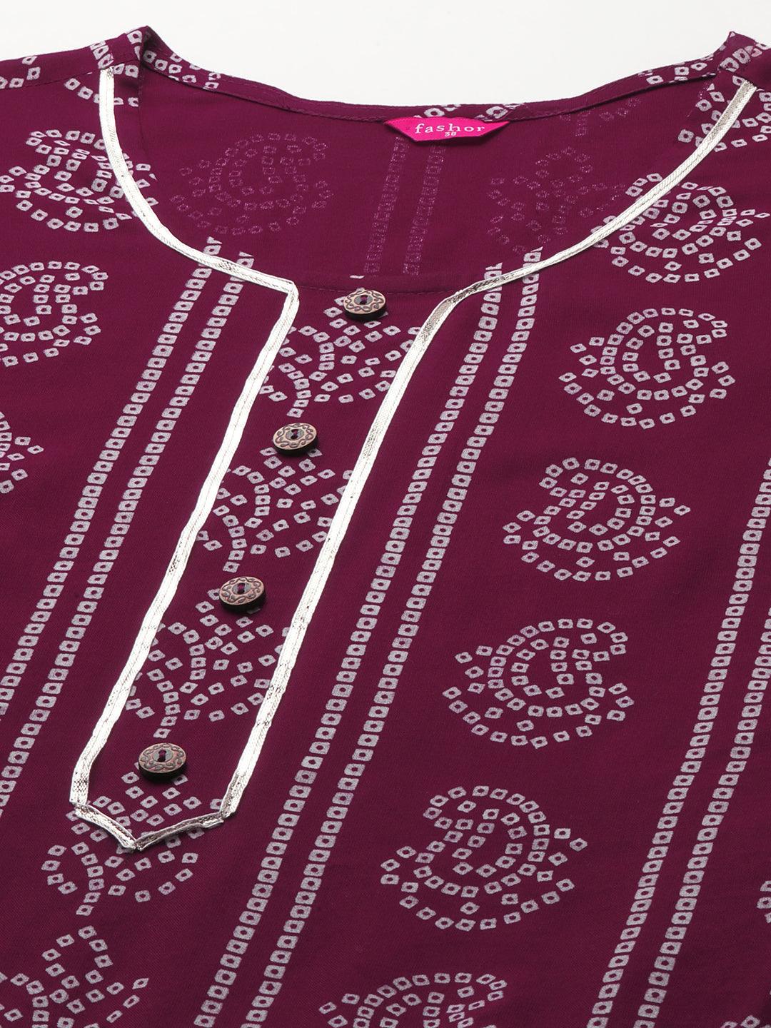 Bandhani Khari Printed Kurta with Ethnic Printed Tiered Skirt & 2-Ply Mask - Wine - Indiakreations