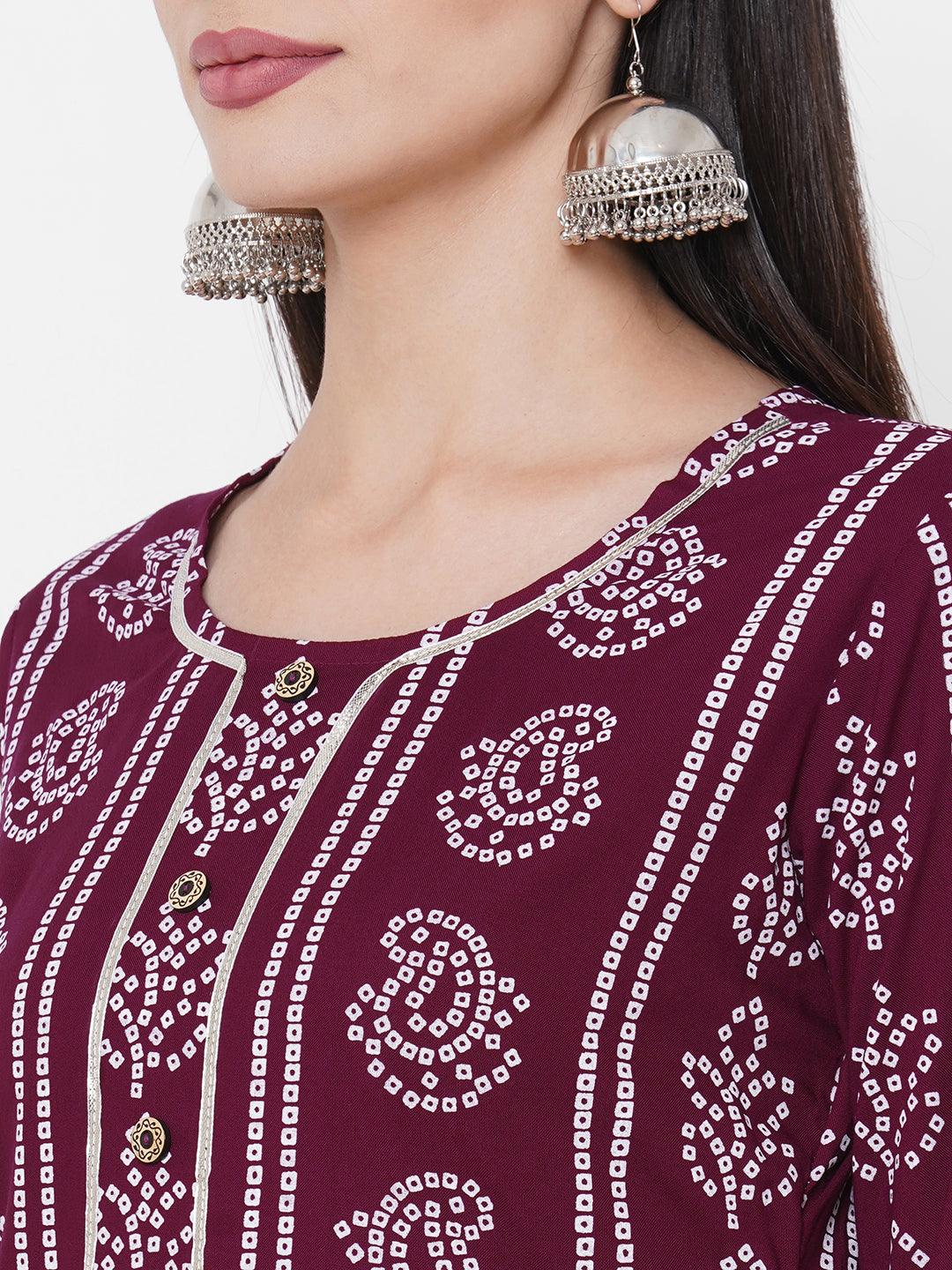 Bandhani Khari Printed Kurta with Ethnic Printed Tiered Skirt & 2-Ply Mask - Wine - Indiakreations