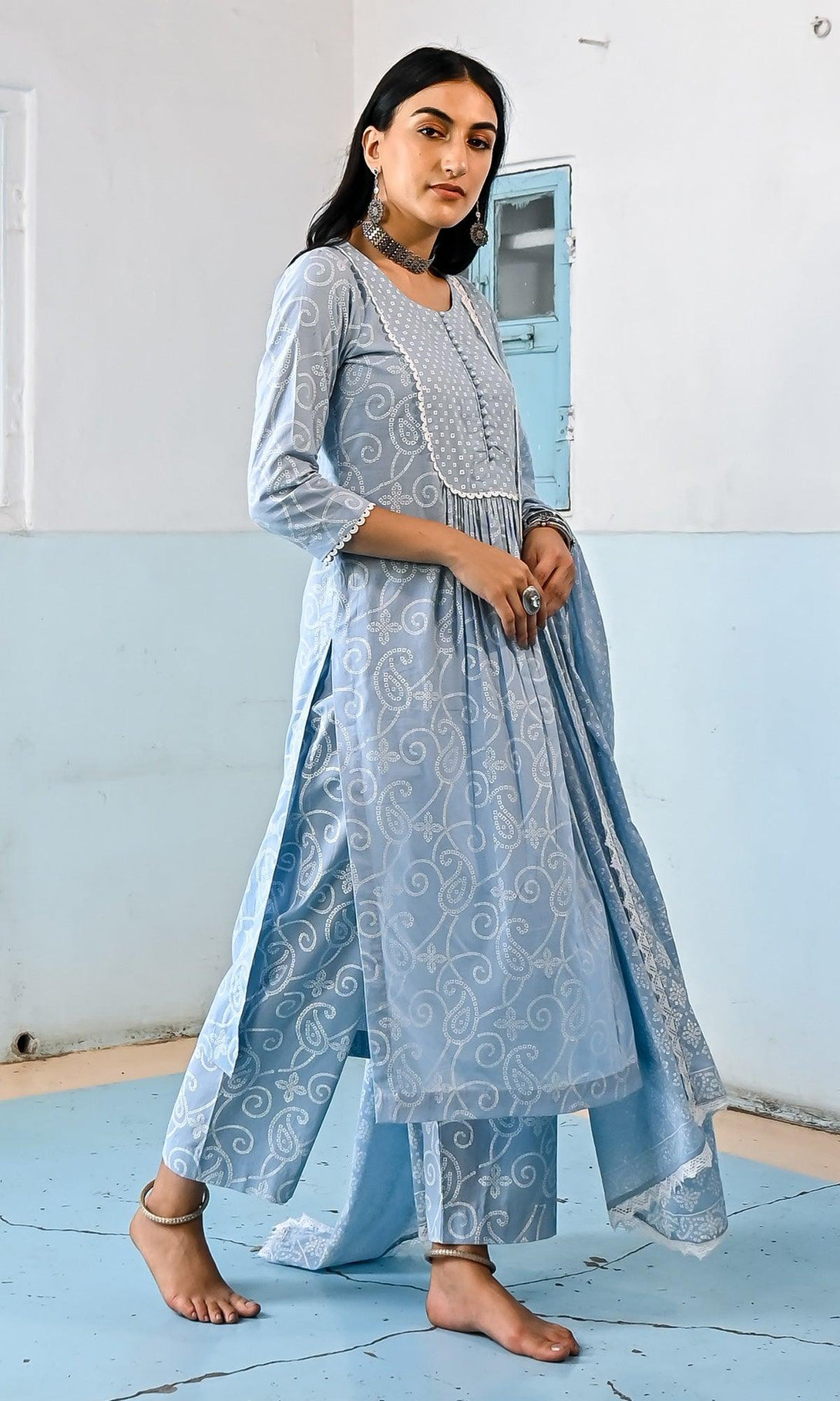 Zahrah 2.0 Powder Blue yoke kurta set - set of 3 - Indiakreations