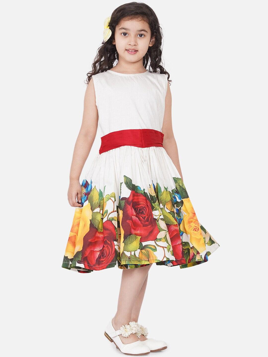 Girl's Off White & Red Floral Dress - NOZ2TOZ KIDS - Indiakreations