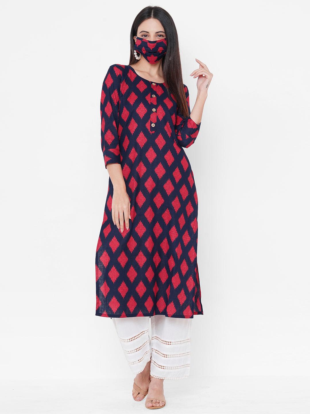 Ikat Printed Straight Kurta with Matching 2-Ply Mask - Blue - Indiakreations