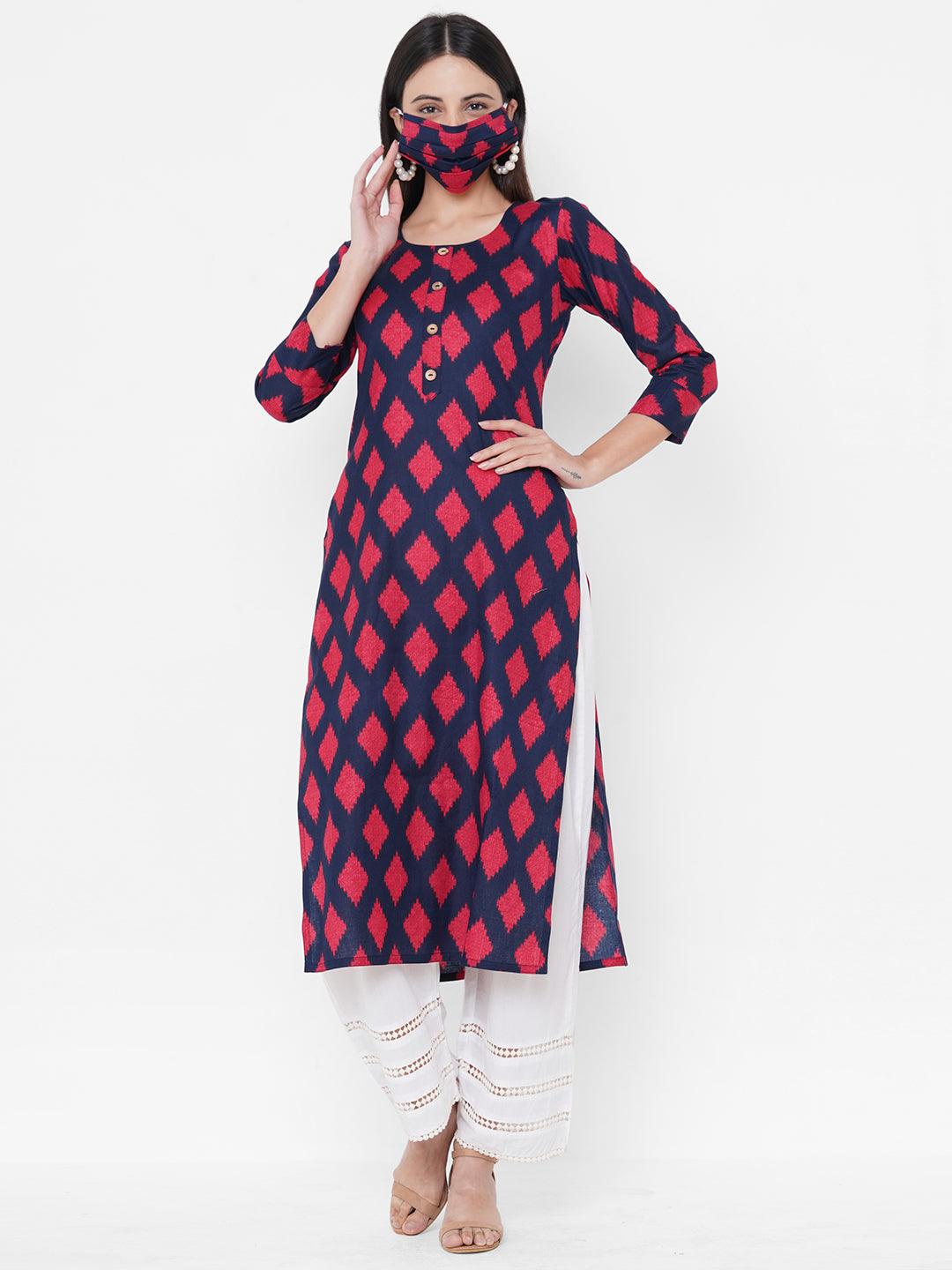 Ikat Printed Straight Kurta with Matching 2-Ply Mask - Blue - Indiakreations