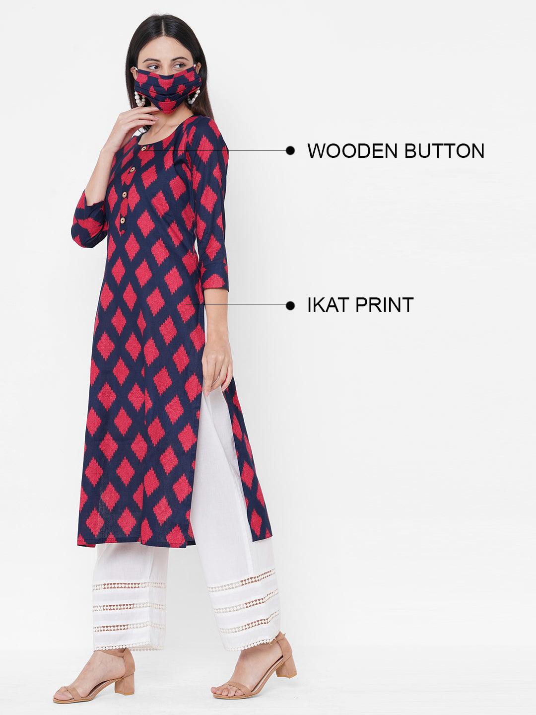 Ikat Printed Straight Kurta with Matching 2-Ply Mask - Blue - Indiakreations