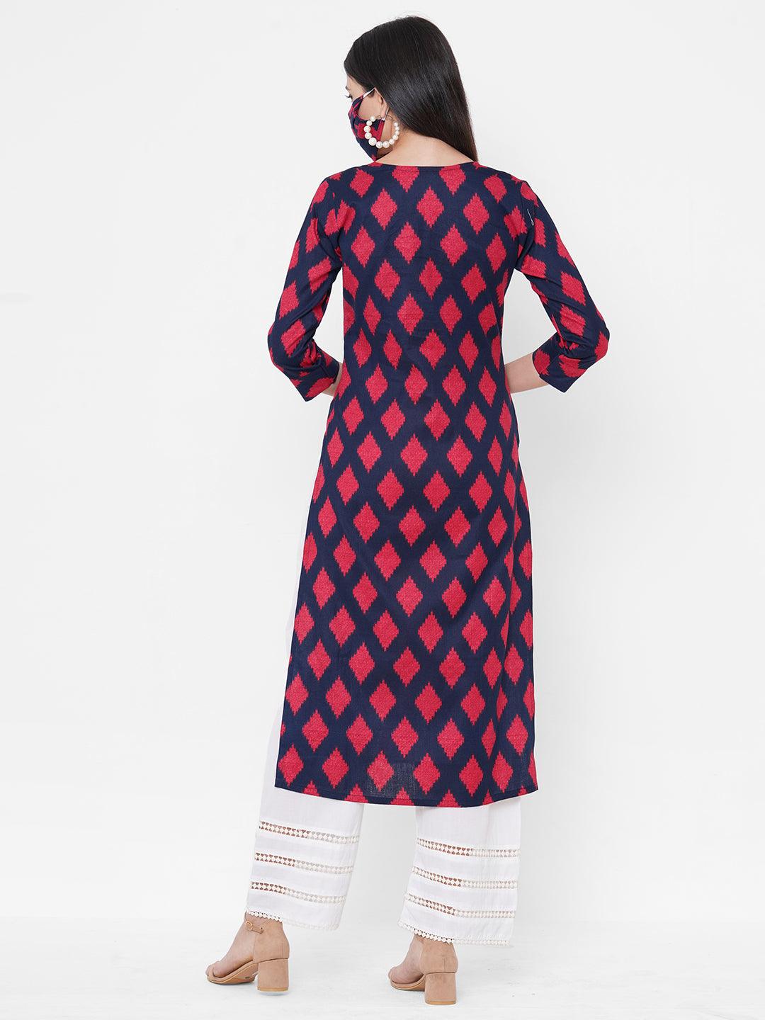 Ikat Printed Straight Kurta with Matching 2-Ply Mask - Blue - Indiakreations