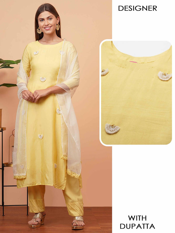 Ethnic Embellished Straight Kurta with Organza Dupatta - Yellow - Indiakreations