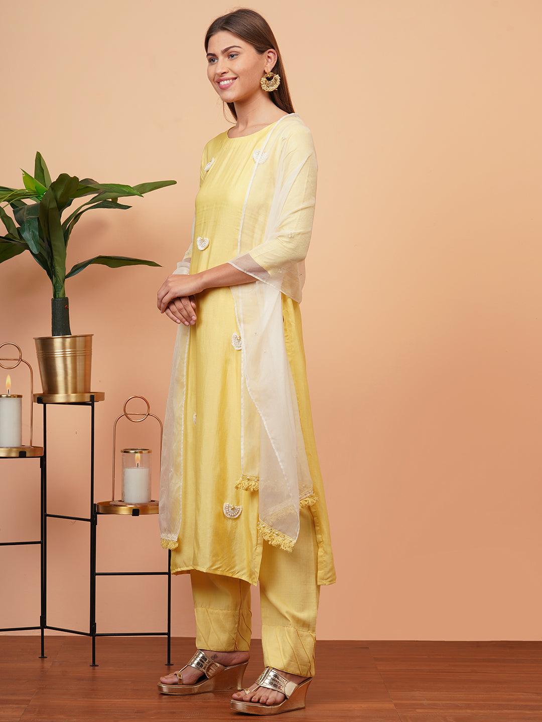 Ethnic Embellished Straight Kurta with Organza Dupatta - Yellow - Indiakreations