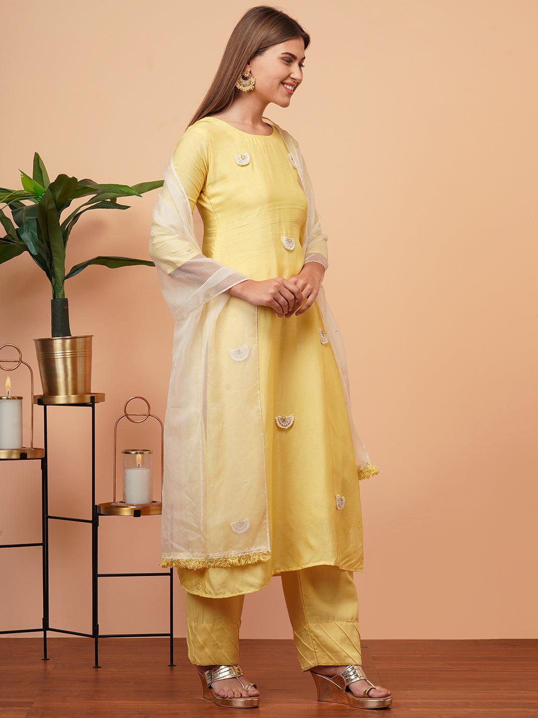 Ethnic Embellished Straight Kurta with Organza Dupatta - Yellow - Indiakreations