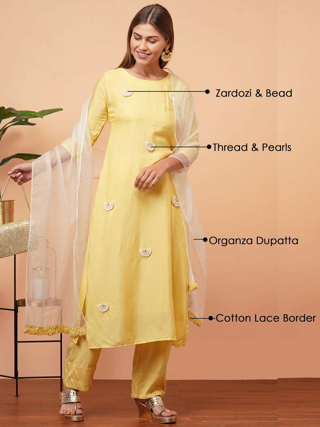 Ethnic Embellished Straight Kurta with Organza Dupatta - Yellow - Indiakreations