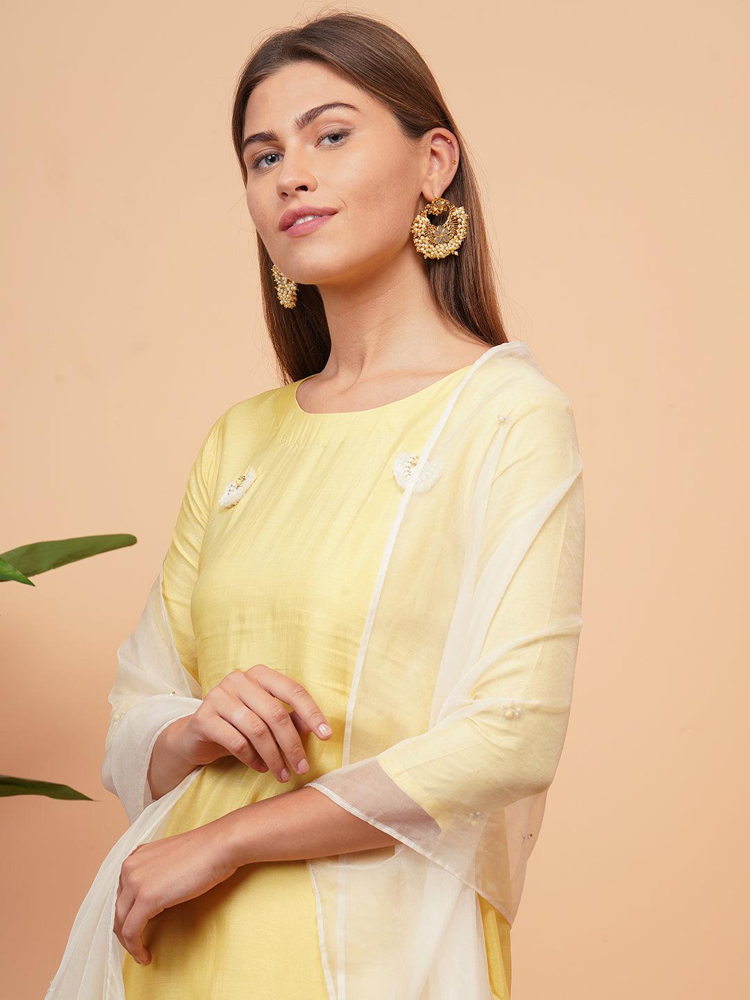 Ethnic Embellished Straight Kurta with Organza Dupatta - Yellow - Indiakreations