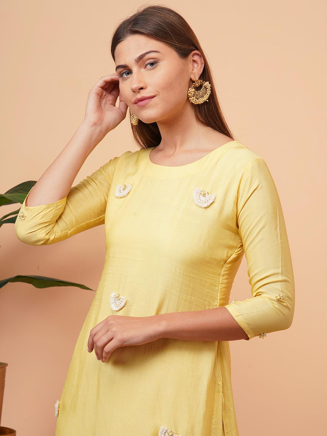 Ethnic Embellished Straight Kurta with Organza Dupatta - Yellow - Indiakreations