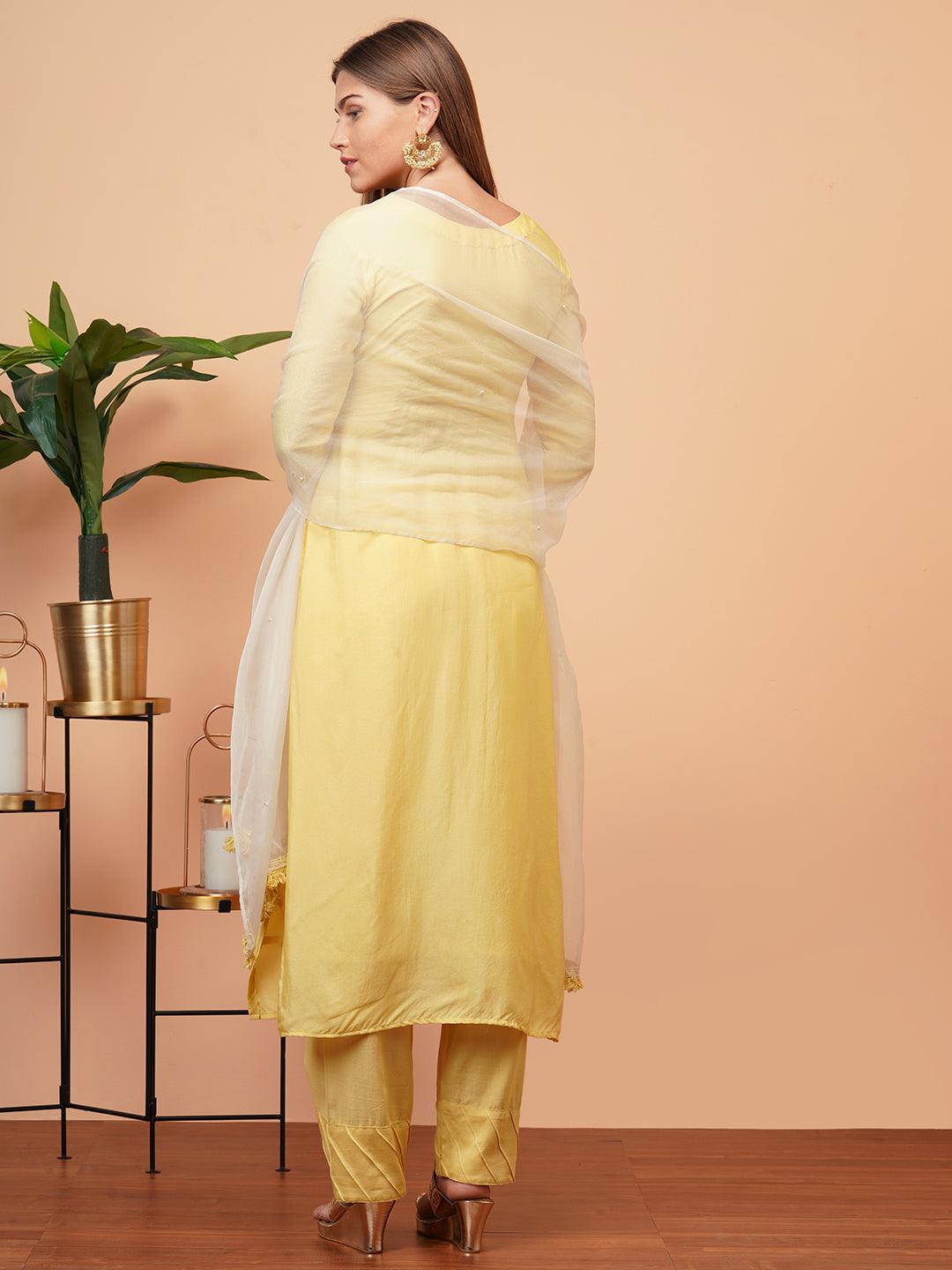 Ethnic Embellished Straight Kurta with Organza Dupatta - Yellow - Indiakreations