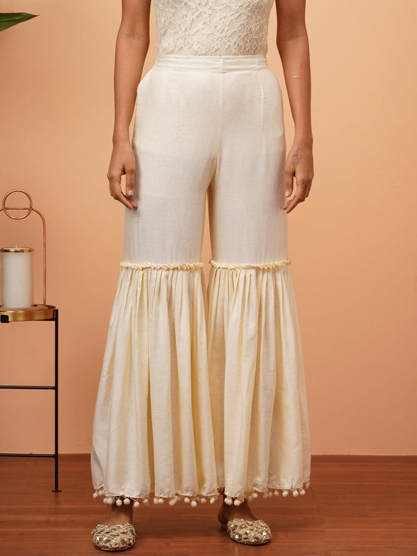 Pom-Pom Laced Solid Sharara - Off White - Indiakreations