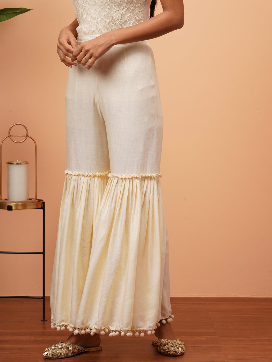 Pom-Pom Laced Solid Sharara - Off White - Indiakreations