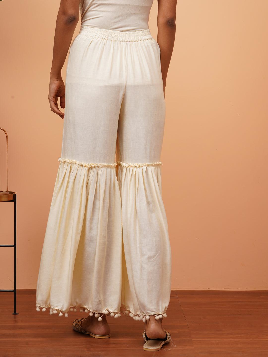 Pom-Pom Laced Solid Sharara - Off White - Indiakreations