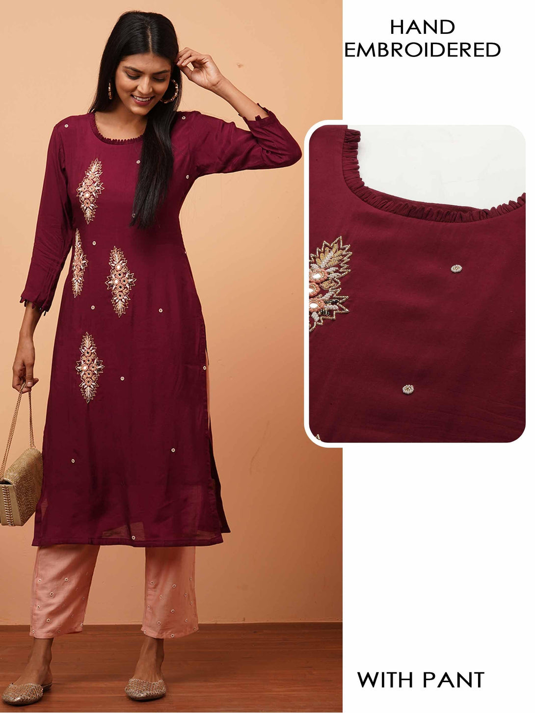 Hand Embroidered Festive Kurta with Contrast Hand Embroidered Pant - Burgundy - Indiakreations