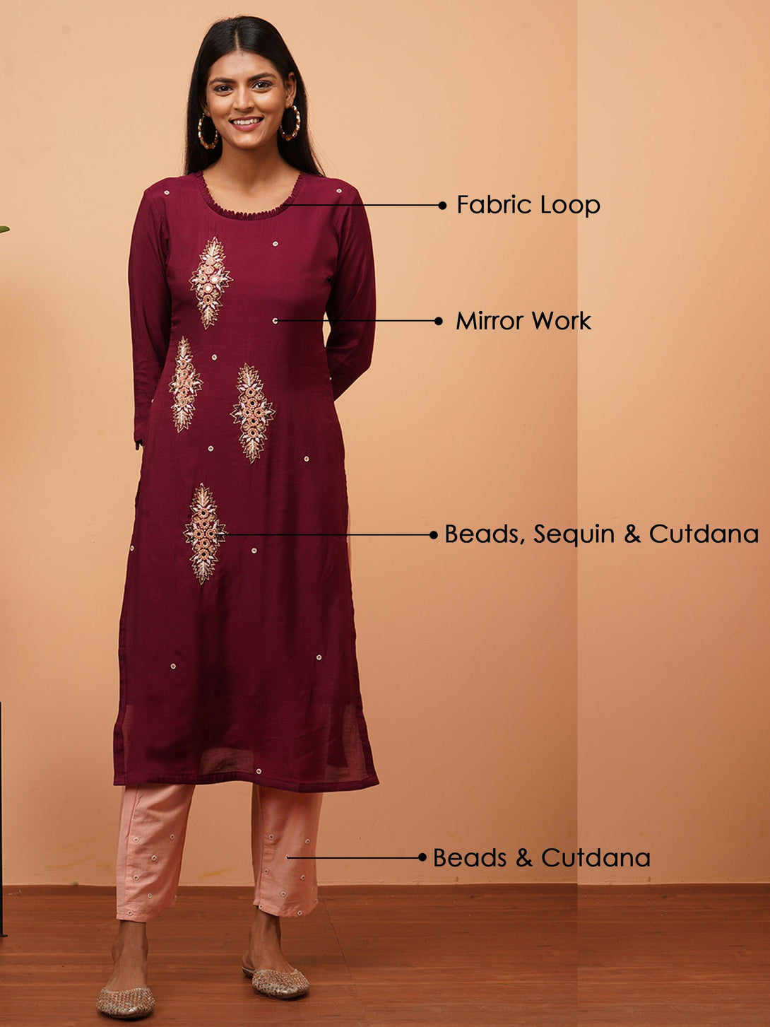 Hand Embroidered Festive Kurta with Contrast Hand Embroidered Pant - Burgundy - Indiakreations