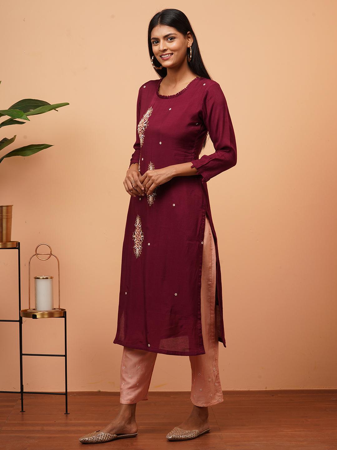 Hand Embroidered Festive Kurta with Contrast Hand Embroidered Pant - Burgundy - Indiakreations