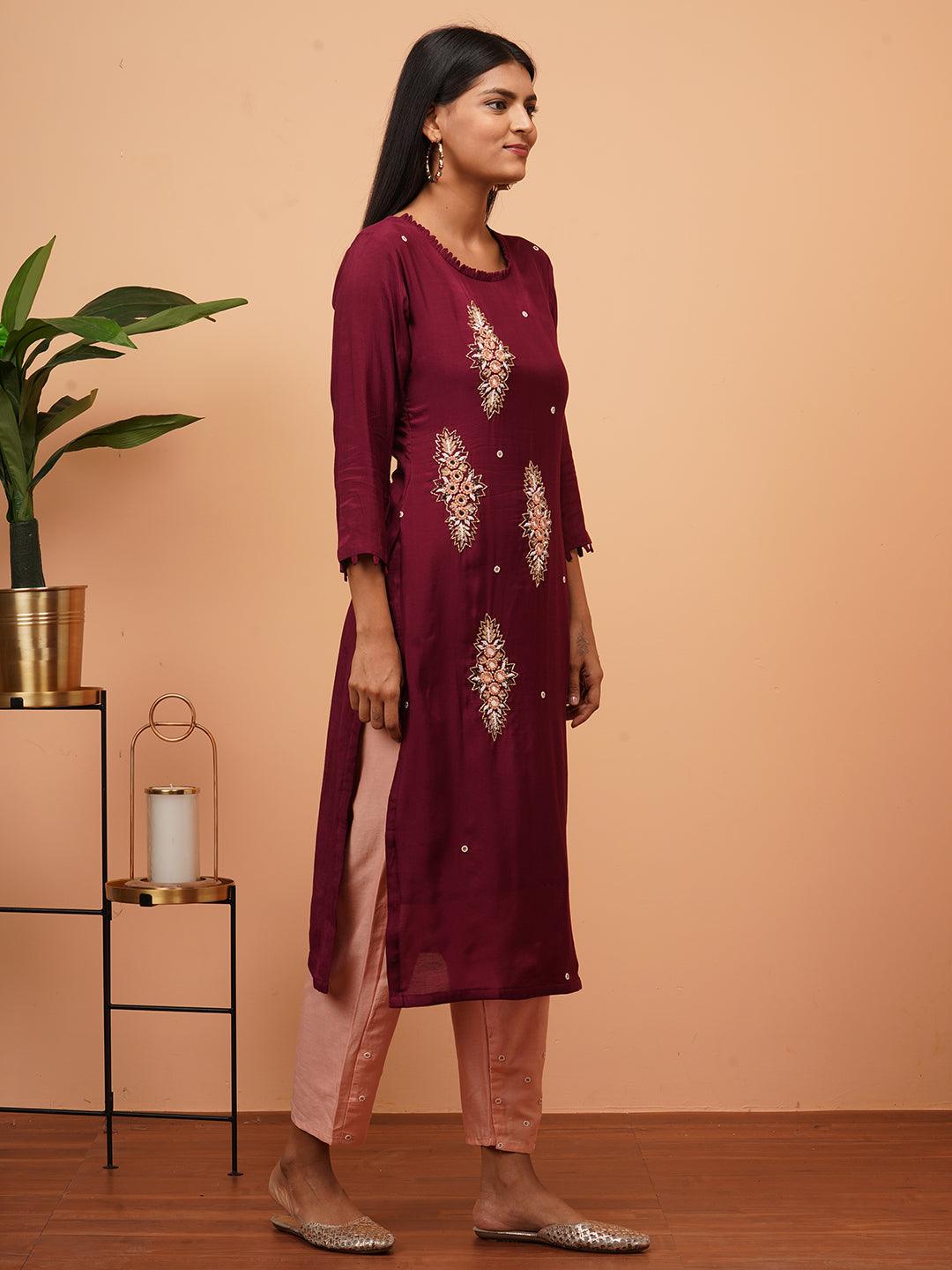 Hand Embroidered Festive Kurta with Contrast Hand Embroidered Pant - Burgundy - Indiakreations