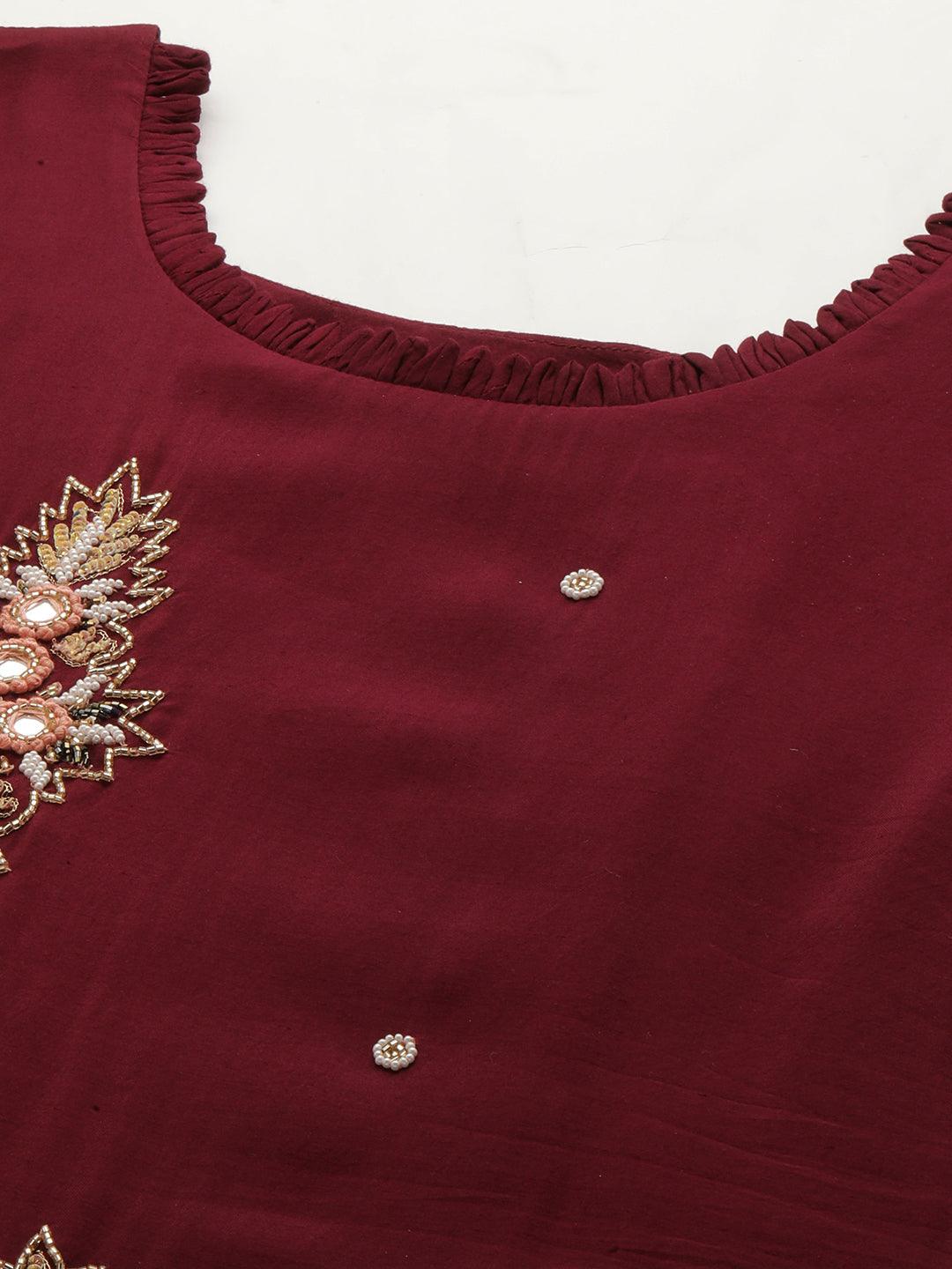 Hand Embroidered Festive Kurta with Contrast Hand Embroidered Pant - Burgundy - Indiakreations