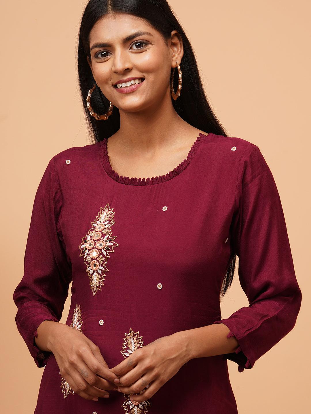 Hand Embroidered Festive Kurta with Contrast Hand Embroidered Pant - Burgundy - Indiakreations