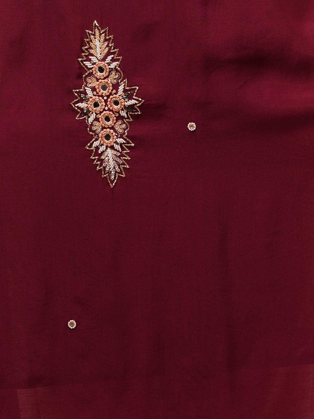 Hand Embroidered Festive Kurta with Contrast Hand Embroidered Pant - Burgundy - Indiakreations