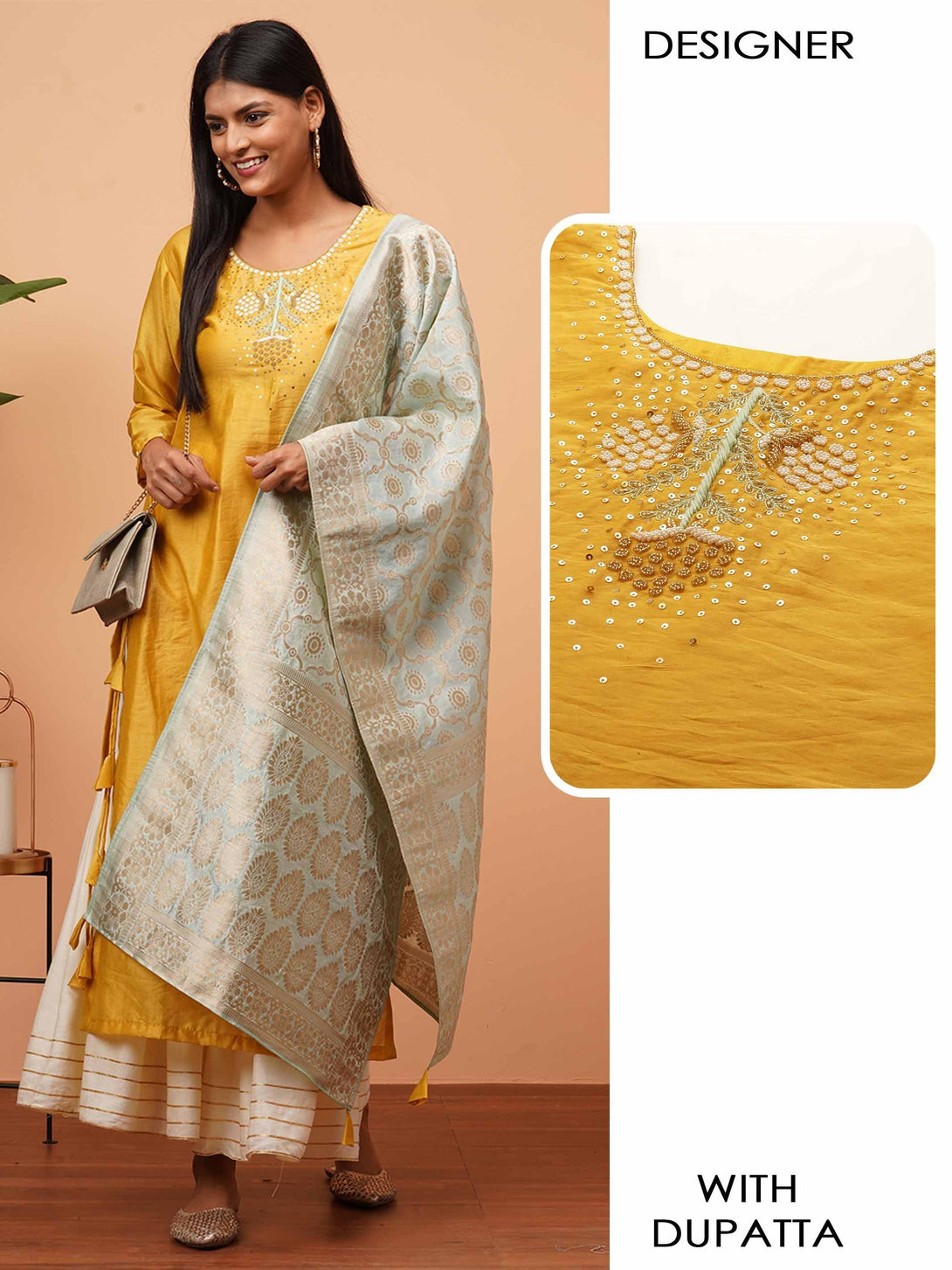 Ethnic Embellished Kurta with Brocade Dupatta - Mustard - Indiakreations