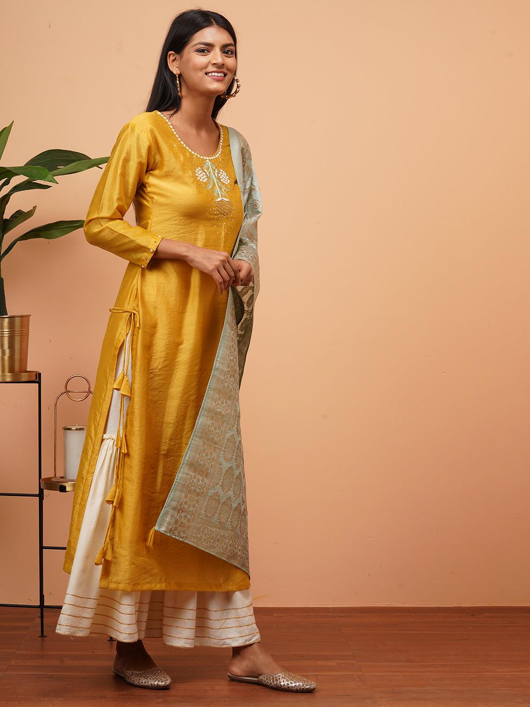 Ethnic Embellished Kurta with Brocade Dupatta - Mustard - Indiakreations