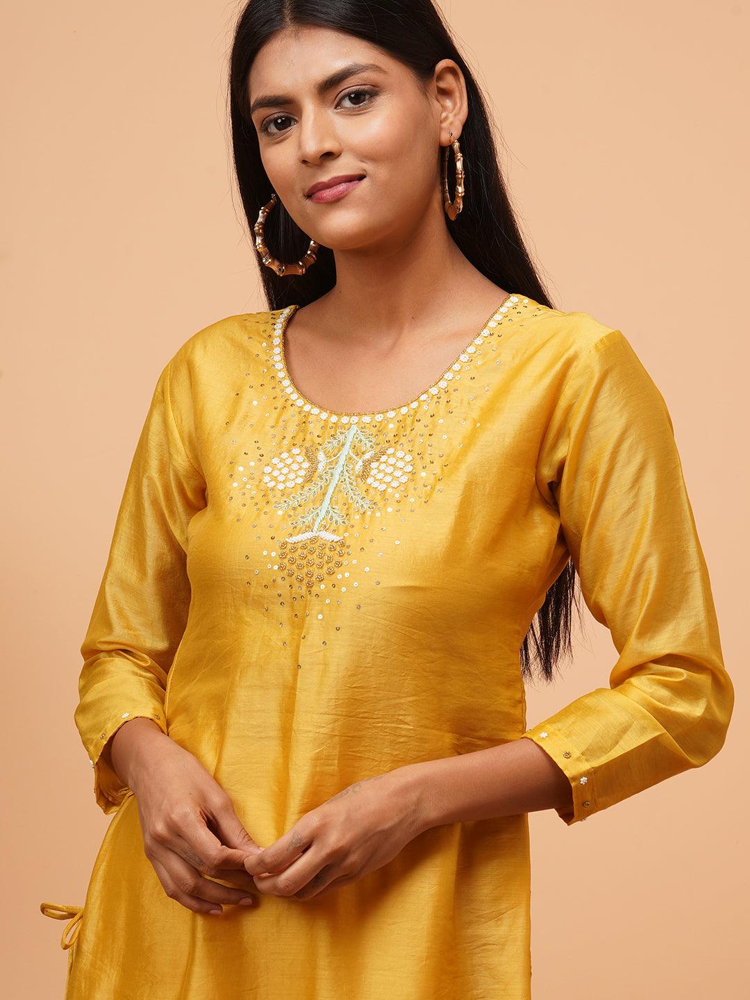 Ethnic Embellished Kurta with Brocade Dupatta - Mustard - Indiakreations