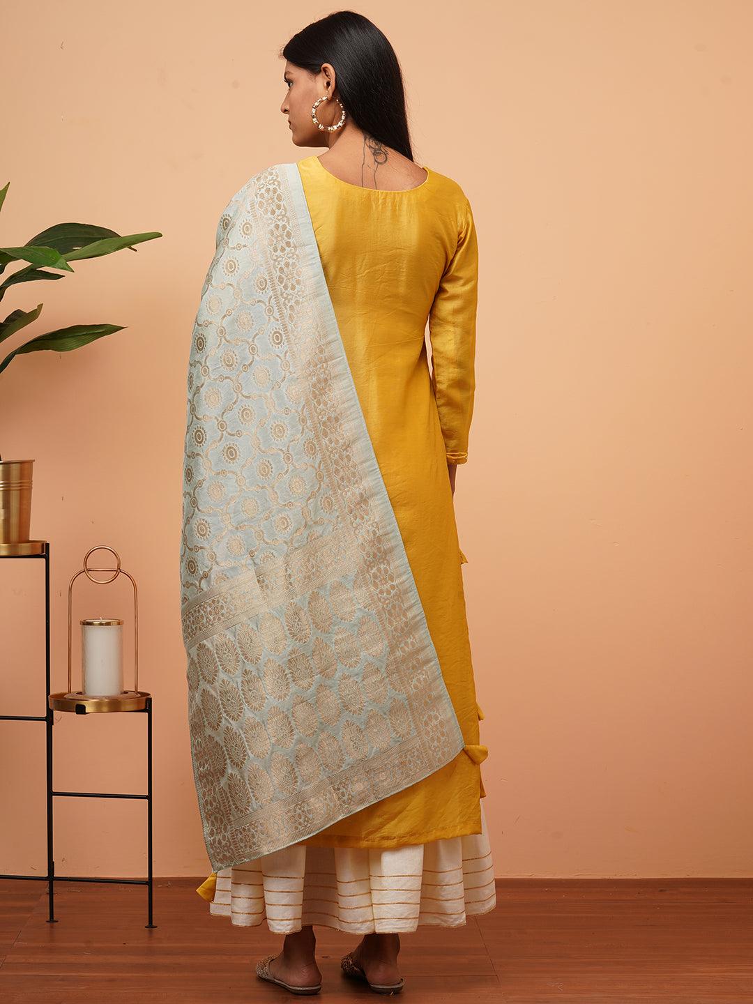 Ethnic Embellished Kurta with Brocade Dupatta - Mustard - Indiakreations