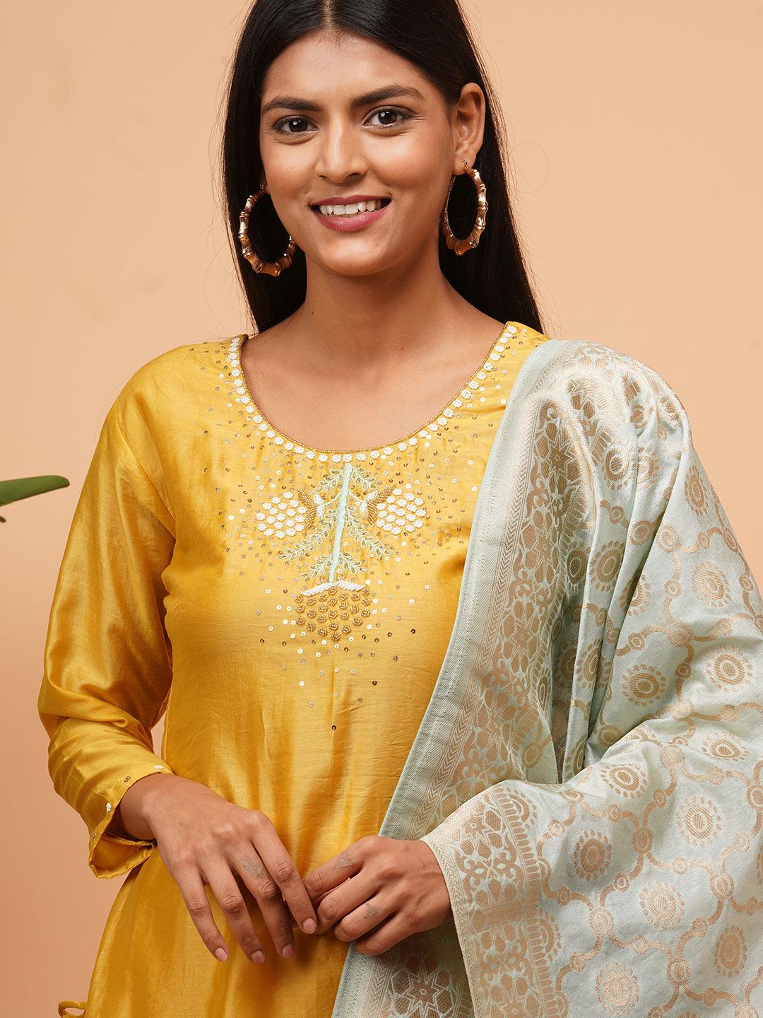 Ethnic Embellished Kurta with Brocade Dupatta - Mustard - Indiakreations