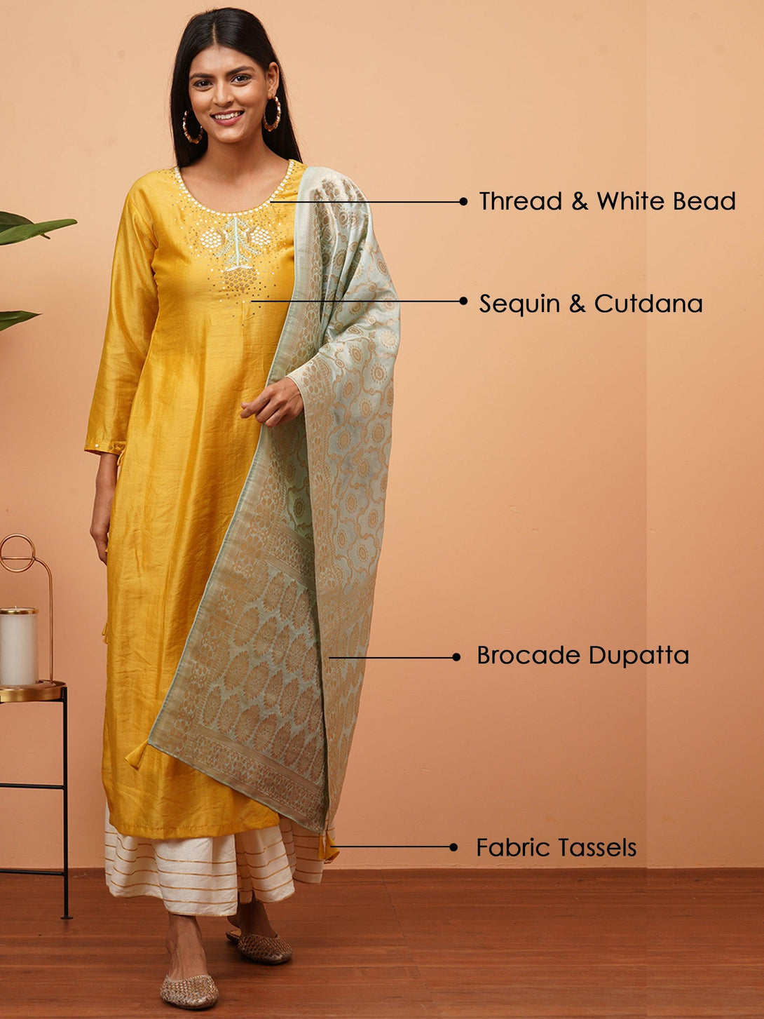 Ethnic Embellished Kurta with Brocade Dupatta - Mustard - Indiakreations