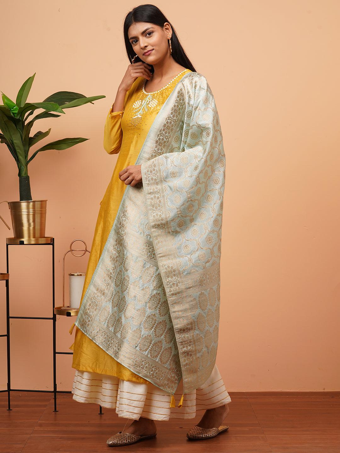 Ethnic Embellished Kurta with Brocade Dupatta - Mustard - Indiakreations