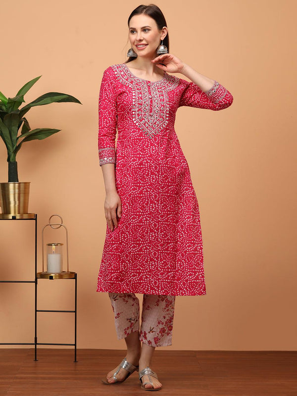 Densely Printed & Zari Embroidered Yoke Kurta with Floral Embroidered Pant – Pink - Indiakreations