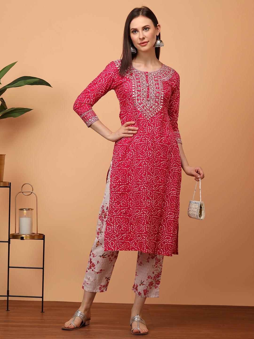 Densely Printed & Zari Embroidered Yoke Kurta with Floral Embroidered Pant – Pink - Indiakreations