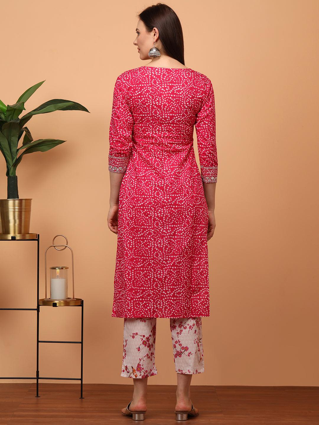 Densely Printed & Zari Embroidered Yoke Kurta with Floral Embroidered Pant – Pink - Indiakreations