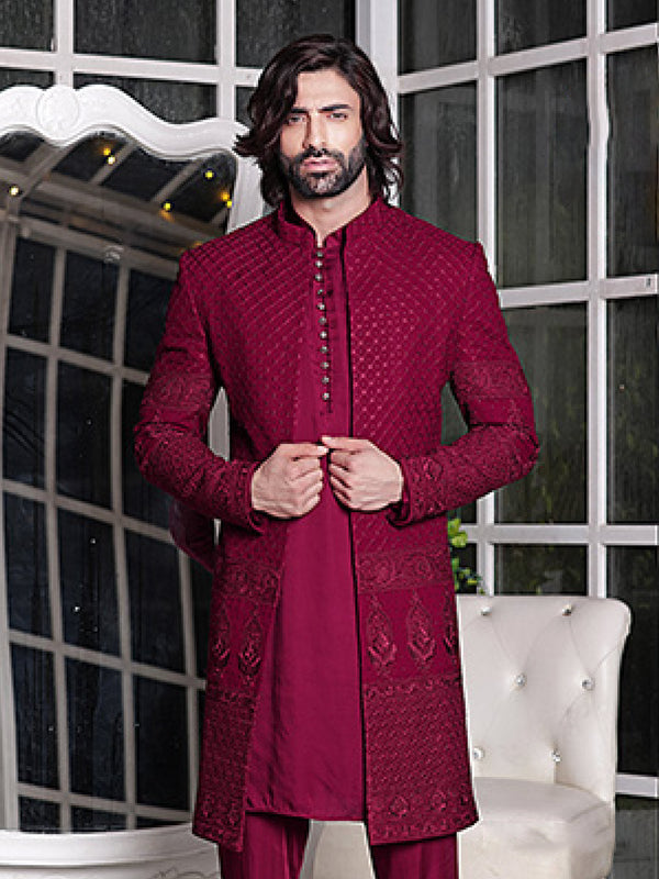 Ageless Red Mens Designer Sherwani By Suvidha Adorned With Self Embroidery