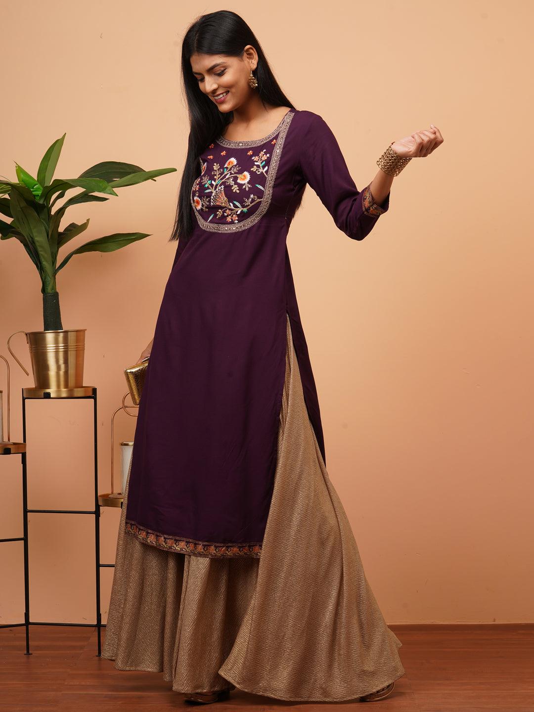 Floral Embroidered & Minimal Printed Straight Kurta - Plum Purple - Indiakreations