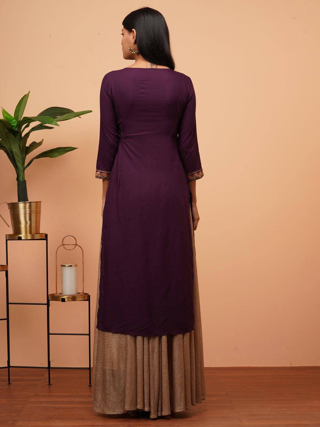 Floral Embroidered & Minimal Printed Straight Kurta - Plum Purple - Indiakreations