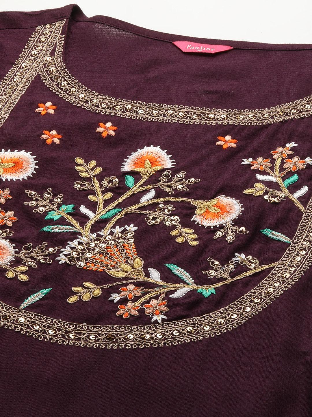 Floral Embroidered & Minimal Printed Straight Kurta - Plum Purple - Indiakreations